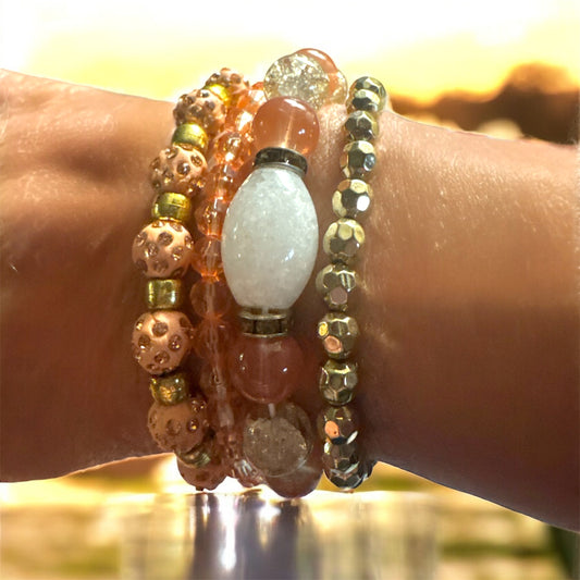 Peach Elegance Beaded Bracelet Set - Gold & White Jewelry
