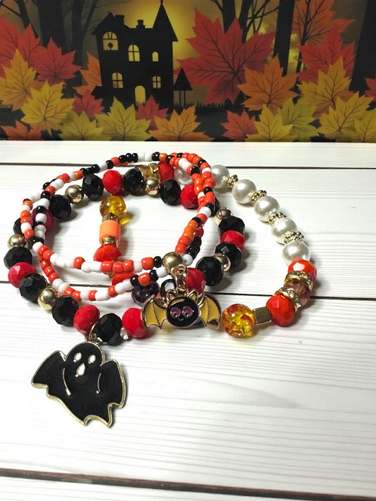 Halloween Themed Beaded Bracelet Set 6.5 - 7.5” Fit