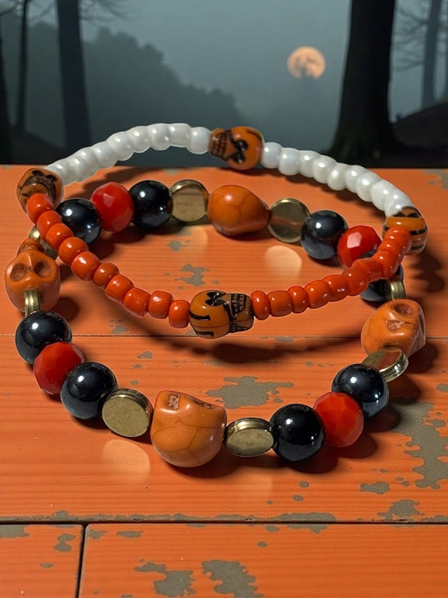 Halloween Themed Beaded Bracelet Set 6.5 - 7.5” Fit