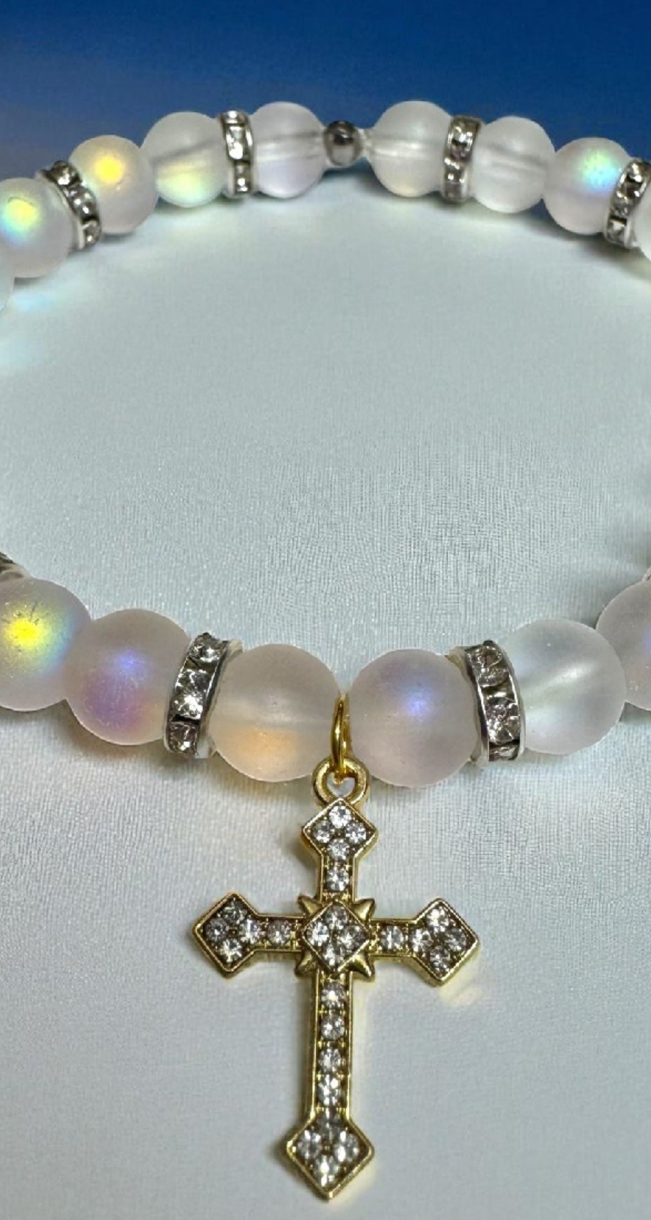 Moonstone Bead & Glass Bracelet With Cross – Handmade Shimmer Energy Jewelry