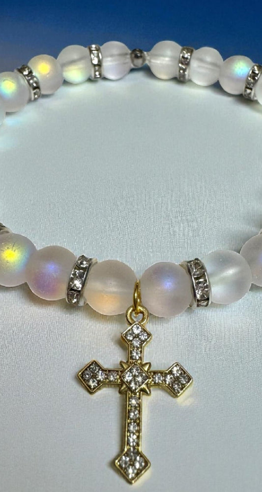 Moonstone Bead & Glass Bracelet With Cross – Handmade Shimmer Energy Jewelry