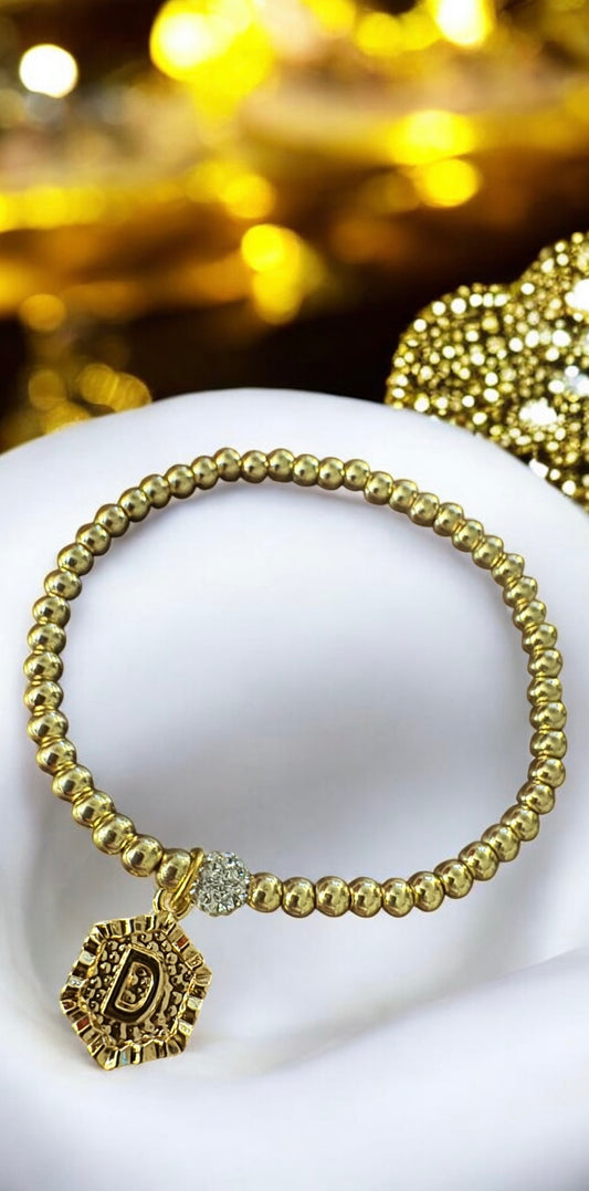 14K Gold Beaded Bracelet with Initial Charm - Personalized Jewelry