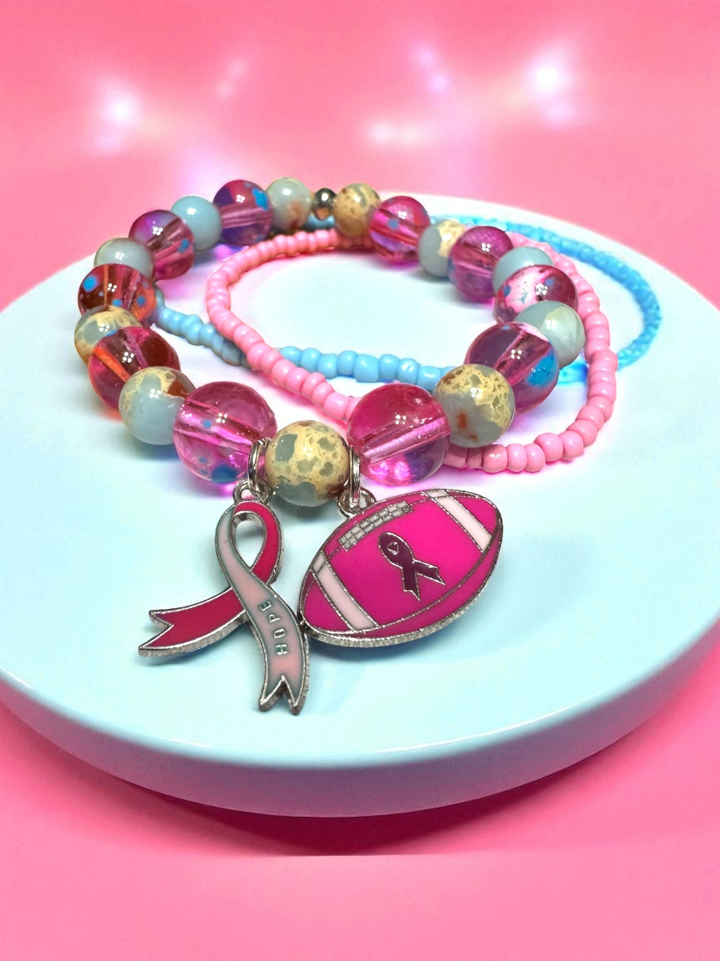 Breast Cancer Awareness Beaded Bracelet 7-7.5”