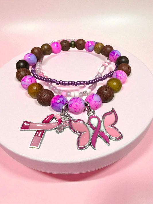 Pink Ribbon Breast Cancer Awareness Beaded Bracelet - 7-7.5" Stretch Fit