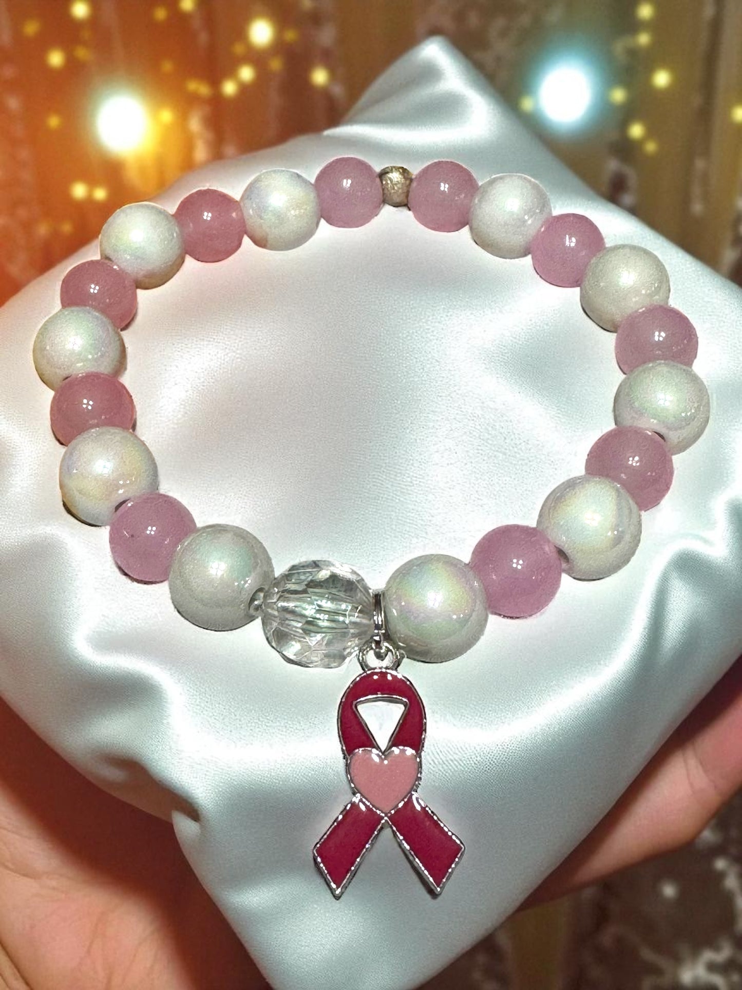Breast Cancer Awareness Beaded Bracelet 7-7.5”