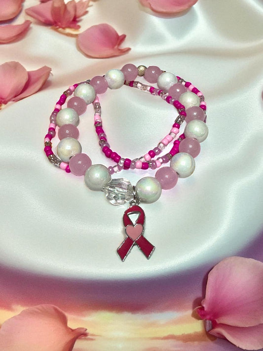 Pink Ribbon Awareness Beaded Bracelet 7-7.5”