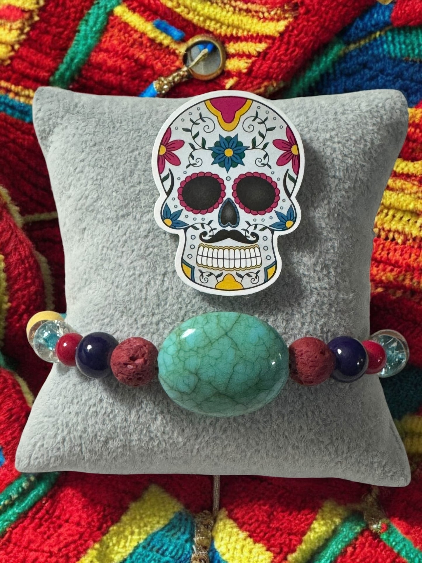 Day of the Dead Sugar Skull Bracelet - Colorful Gemstone Beaded Bracelet with Turquoise
