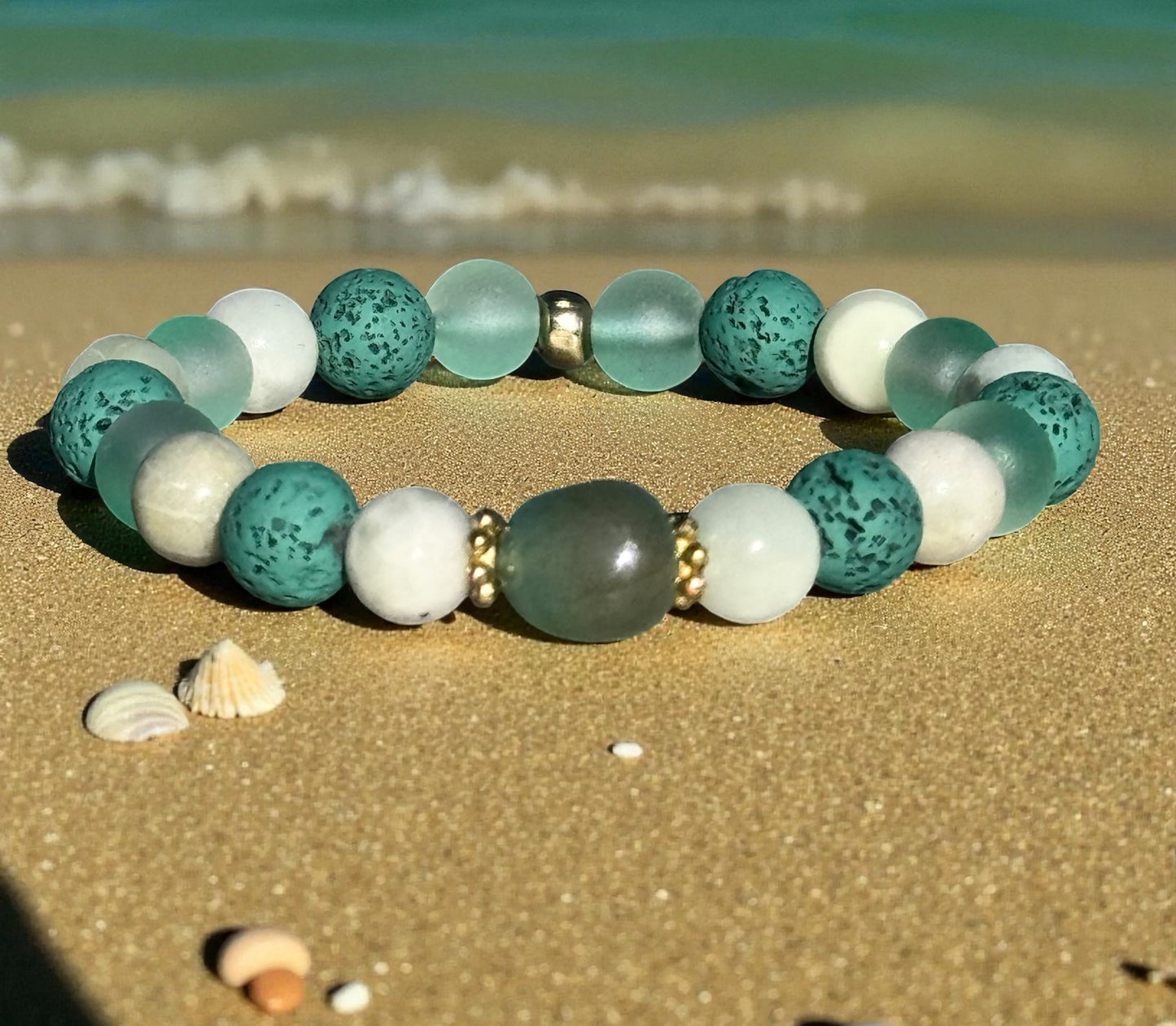 Handmade Lava Bead Bracelet - Light Teal & Black Iridescent Stretch Bracelet