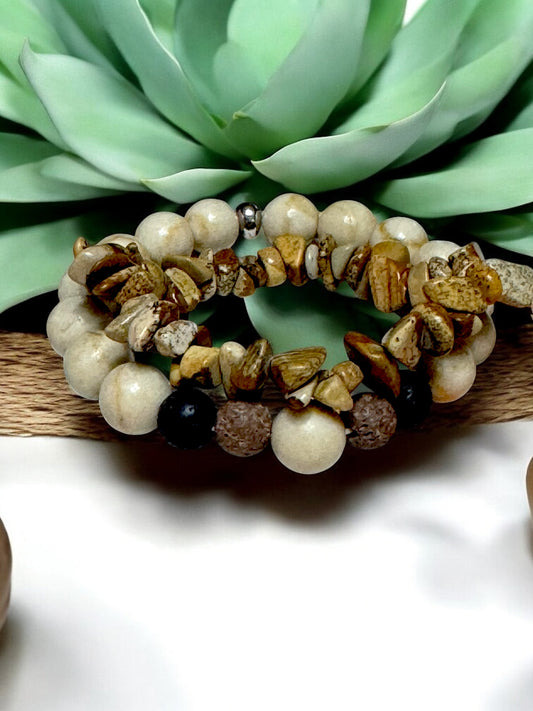 Natural Stone & Lava Bead Bracelet Set - Faith Jewelry with Hebrews 13:5 Scripture Card