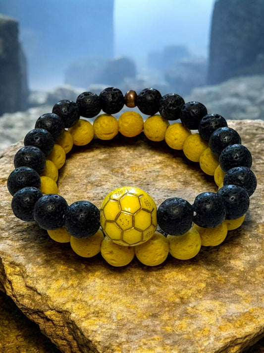 Black and Yellow Lava Stone Bracelet Set - Aromatherapy Jewelry with Gemstone