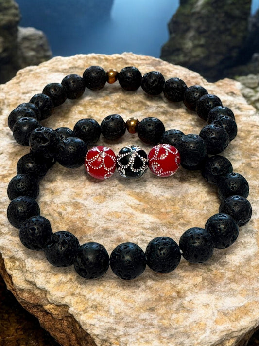 Black Lava Stone Aromatherapy Bracelet with Red Accents