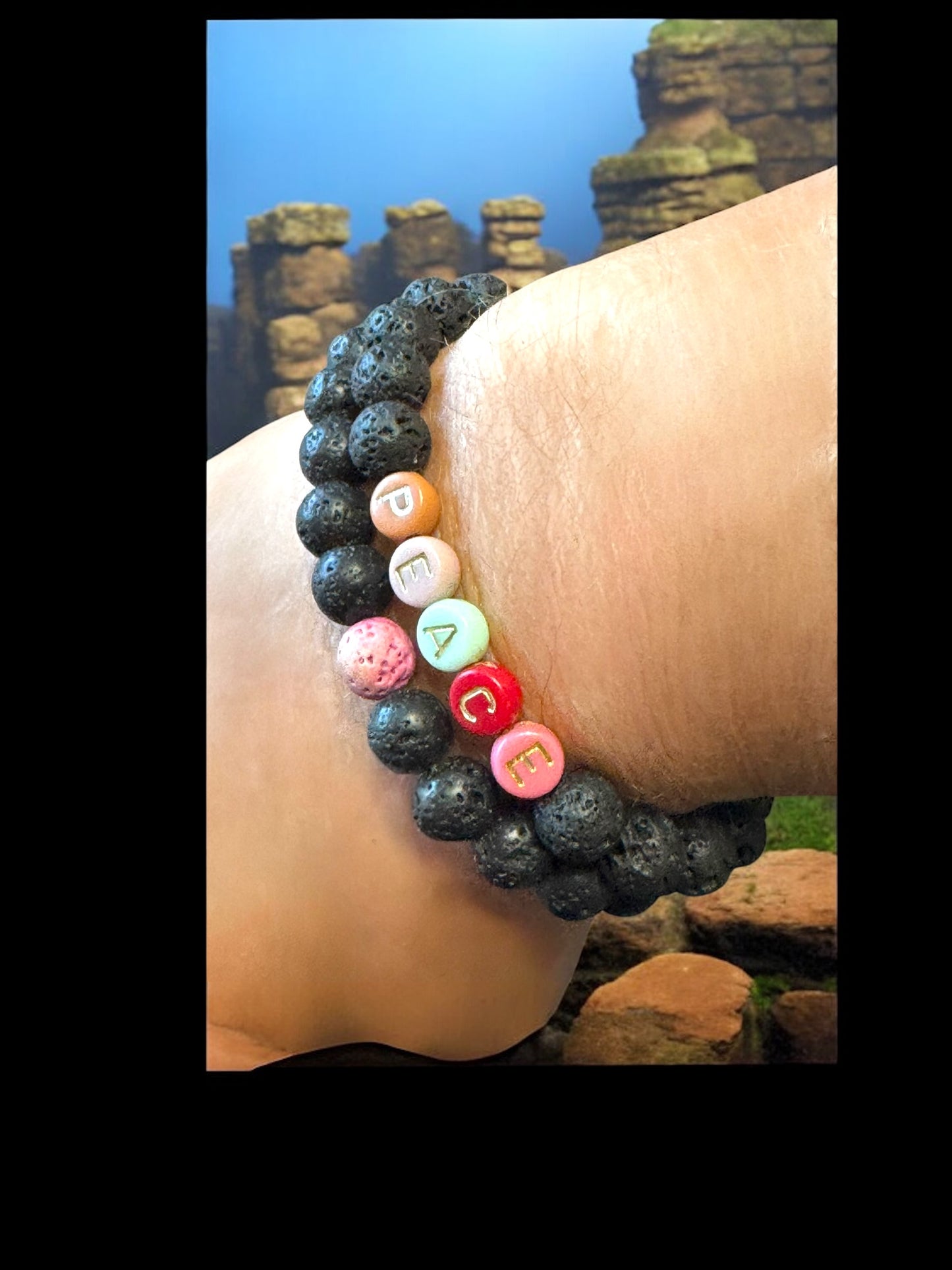 Peace Lava Bead Bracelet Set - Black & Multicolor