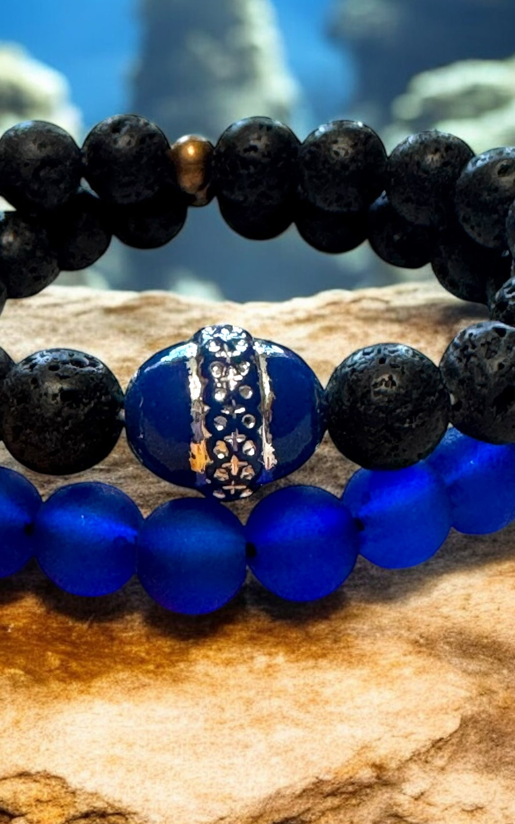 Black Lava Beaded Bracelet Set Vibrant Blue Gemstones