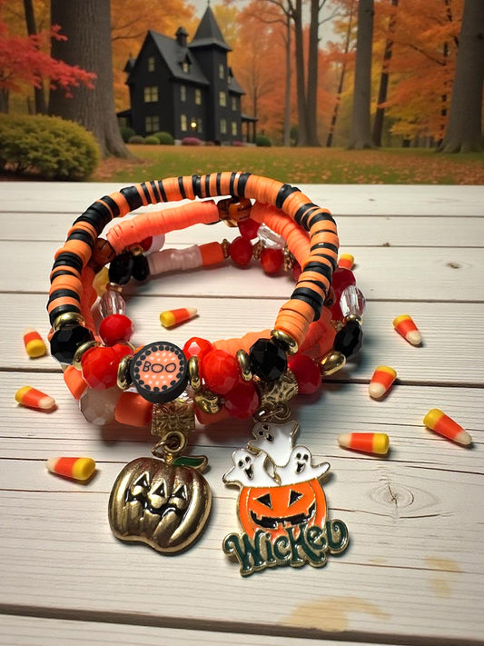 Halloween Themed Beaded Bracelet Set 6.5 - 7.5” Fit