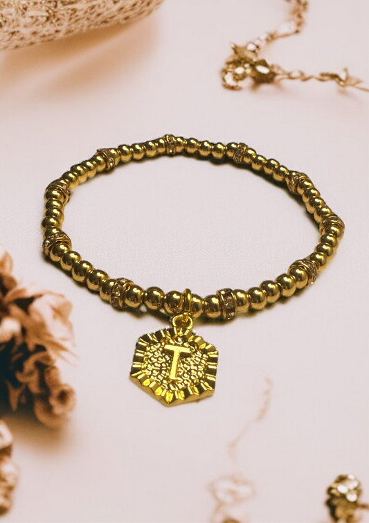 Simple Elegance 14 K Gold Plated Personalized Beaded Ball Bracelet 18 K Gold Plated Initial Charm Bracelet