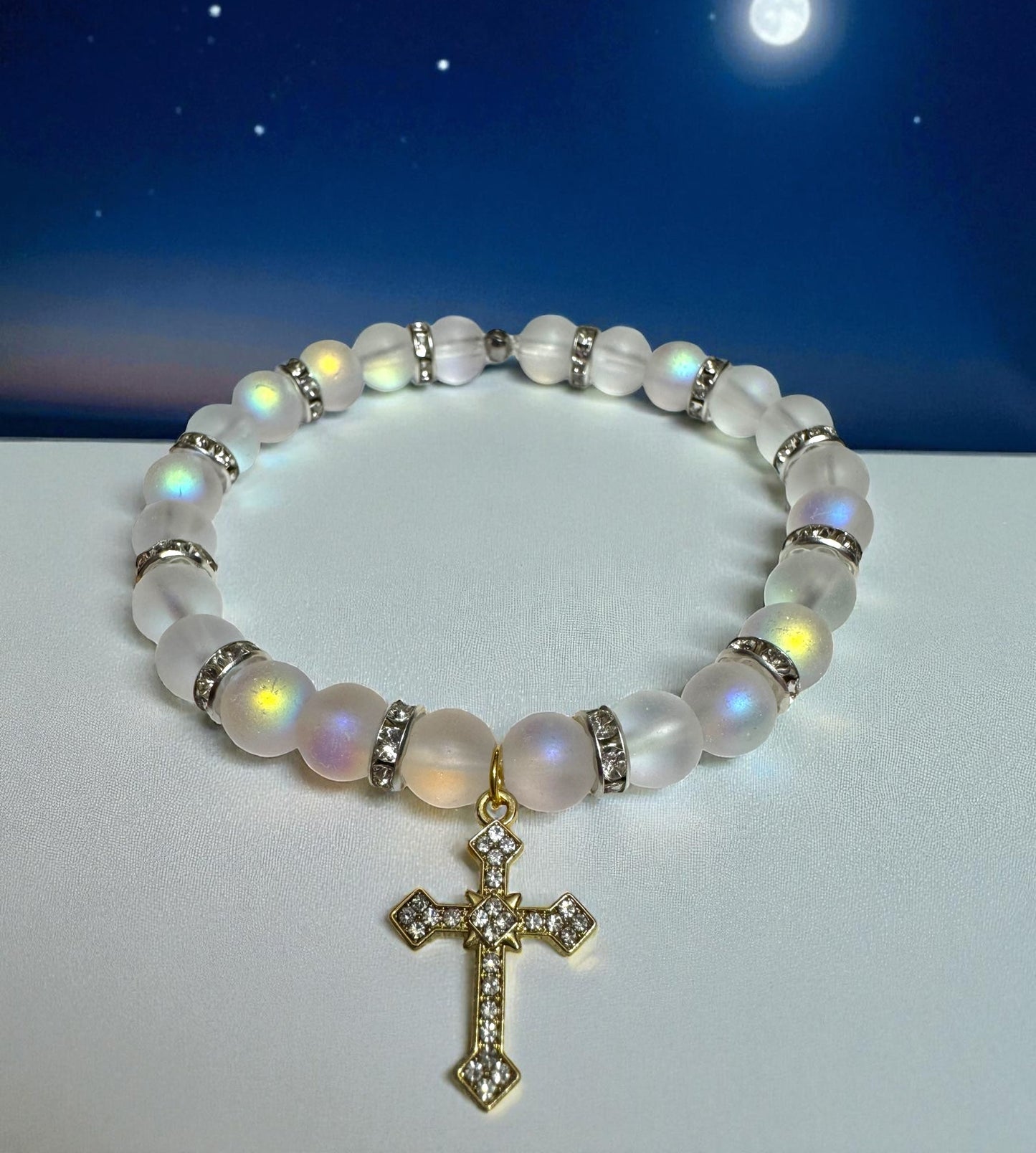 Moonstone Bead & Glass Bracelet With Cross – Handmade Shimmer Energy Jewelry