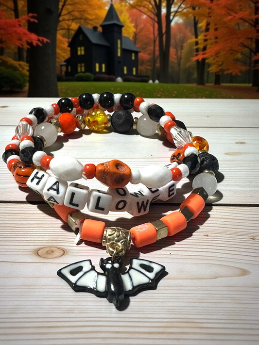 Halloween Themed Beaded Bracelet Set 6.5 - 7.5” Fit