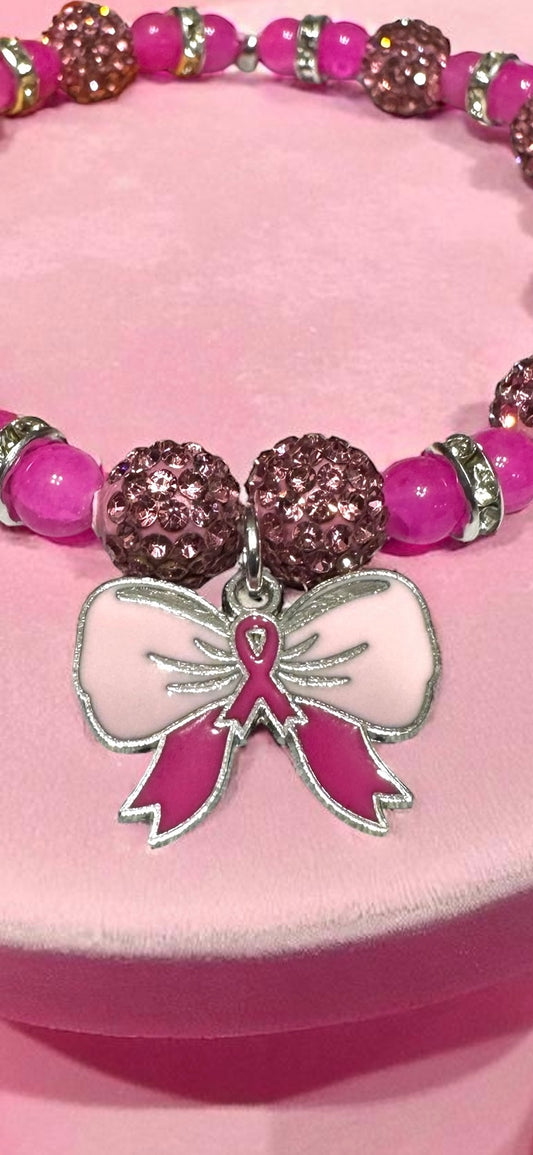 Pink Ribbon Awareness Beaded Bracelet 7.5 - 8”