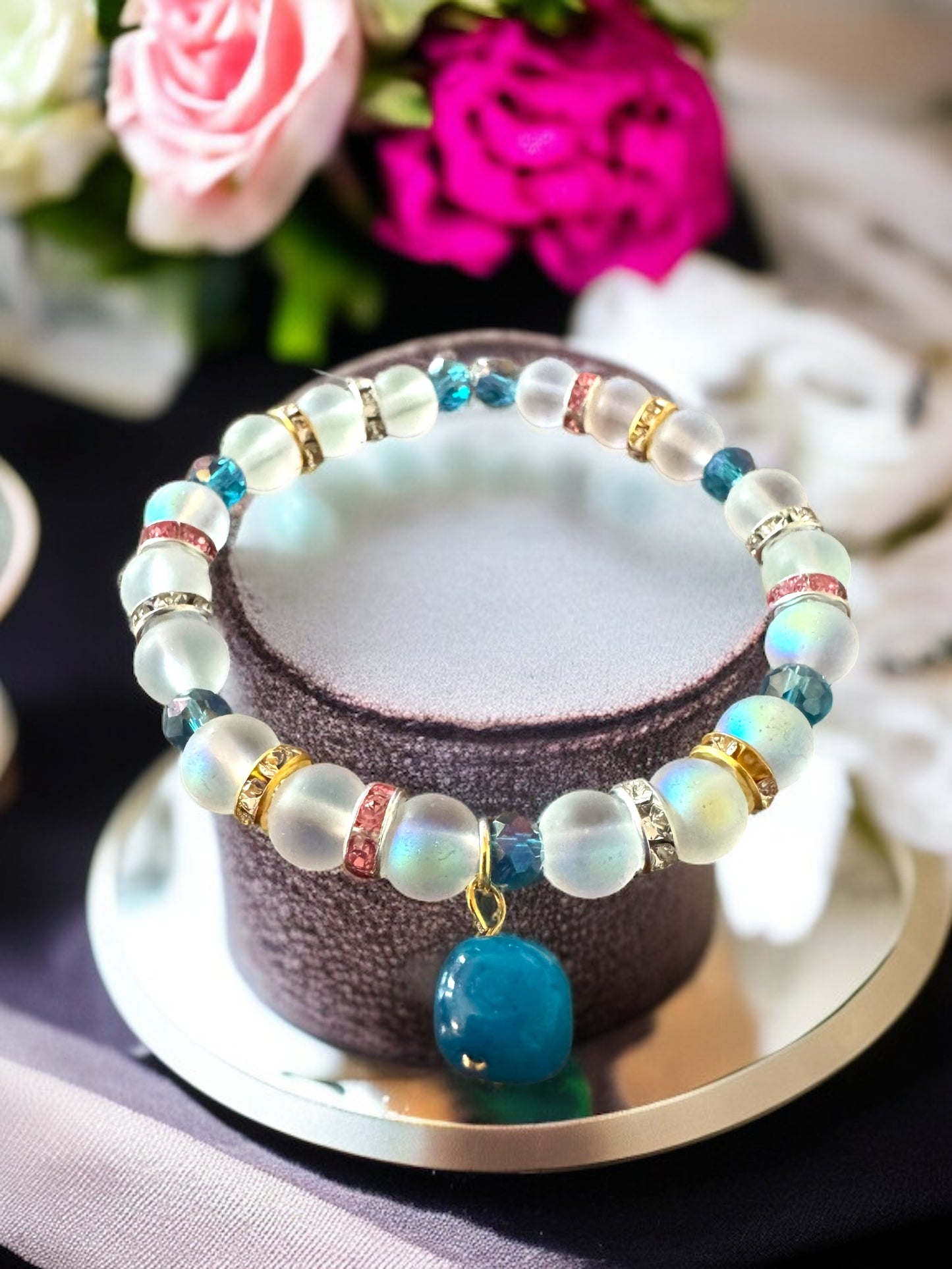 Moonstone Bead & Glass Bracelet – Handmade Shimmer Energy Jewelry