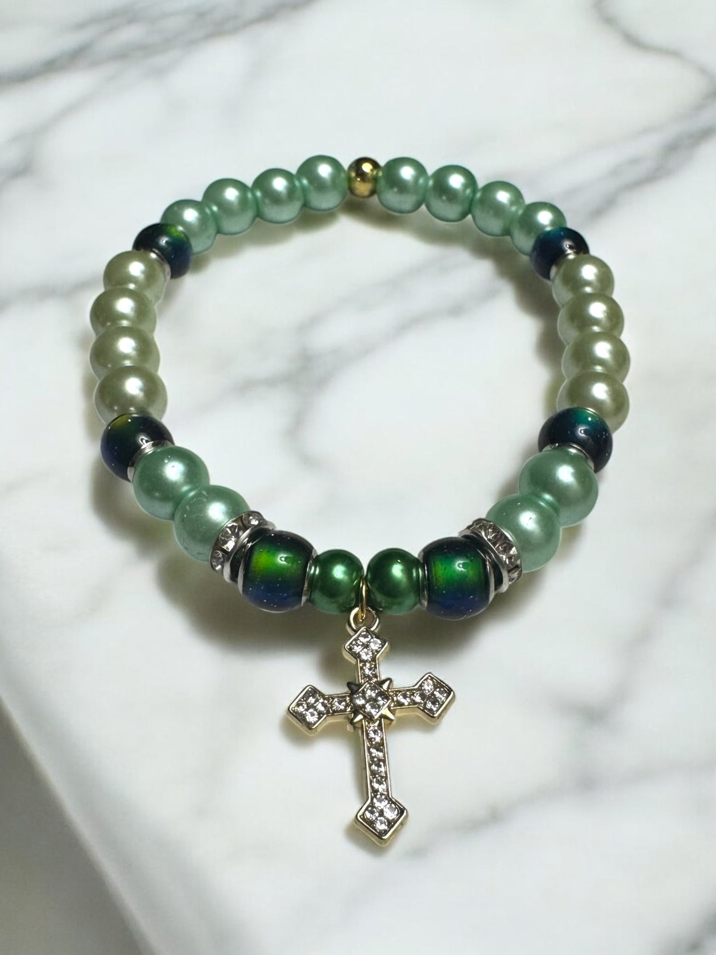 Always Have Faith Glass Bead & Mood Bead Bracelet with Cross Charm