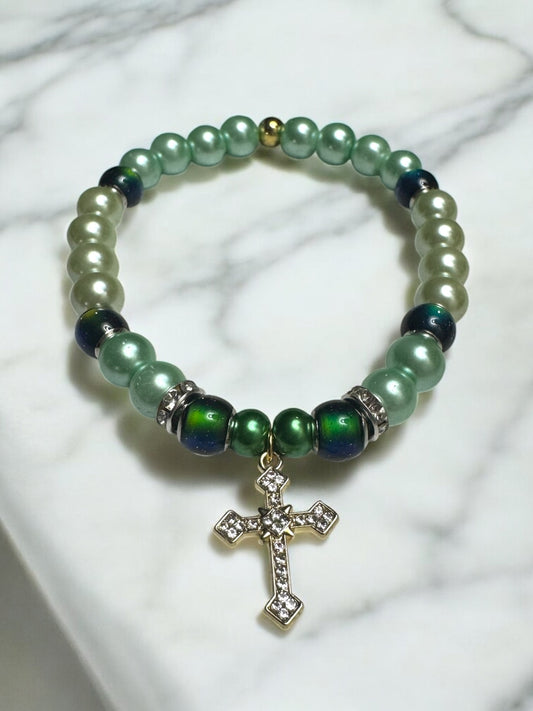 Always Have Faith Glass Bead & Mood Bead Bracelet with Cross Charm