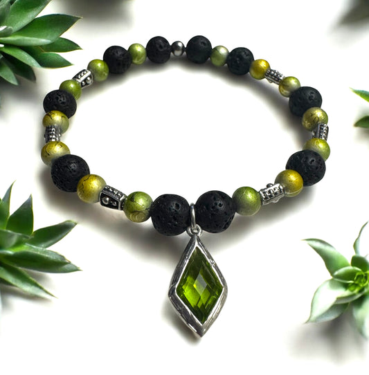 Succulent Green & Black Lava Aromatherapy Diffuser Bracelet - Silver Charm