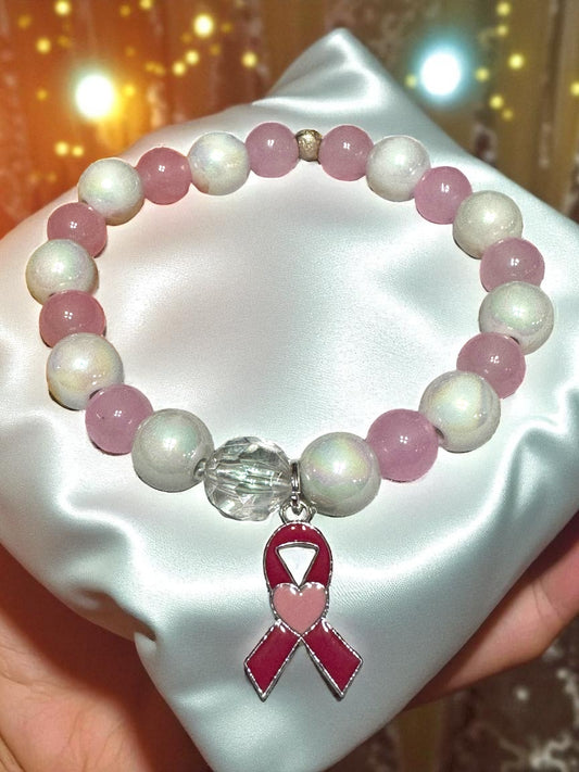 Breast Cancer Awareness Beaded Bracelet 7-7.5”