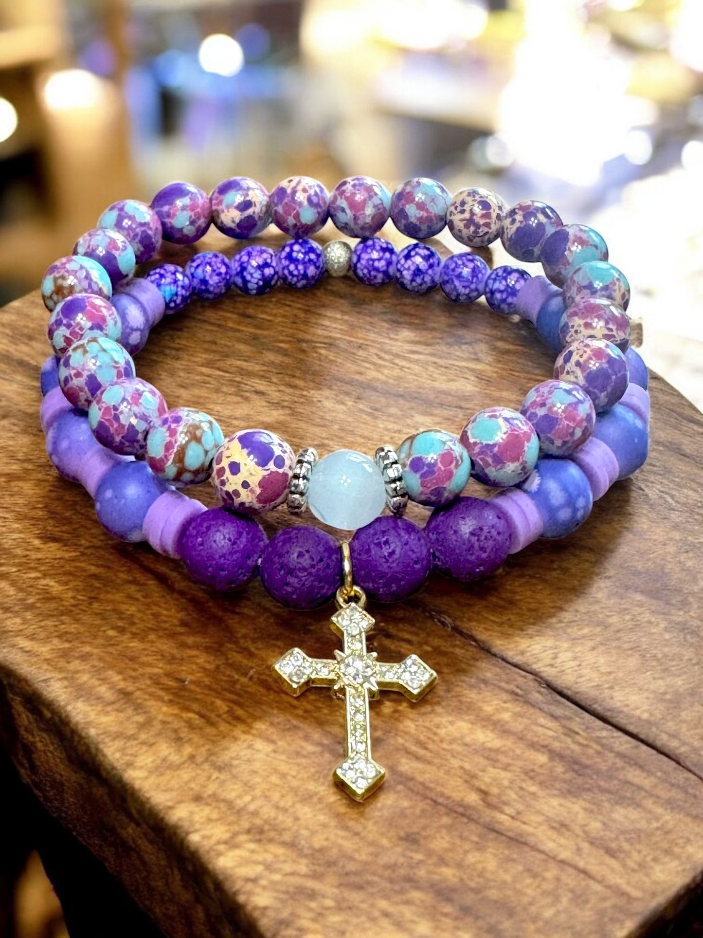 Faith Collection Lava Beaded Diffuser Bracelet Set Purples 6.5” -7.5”