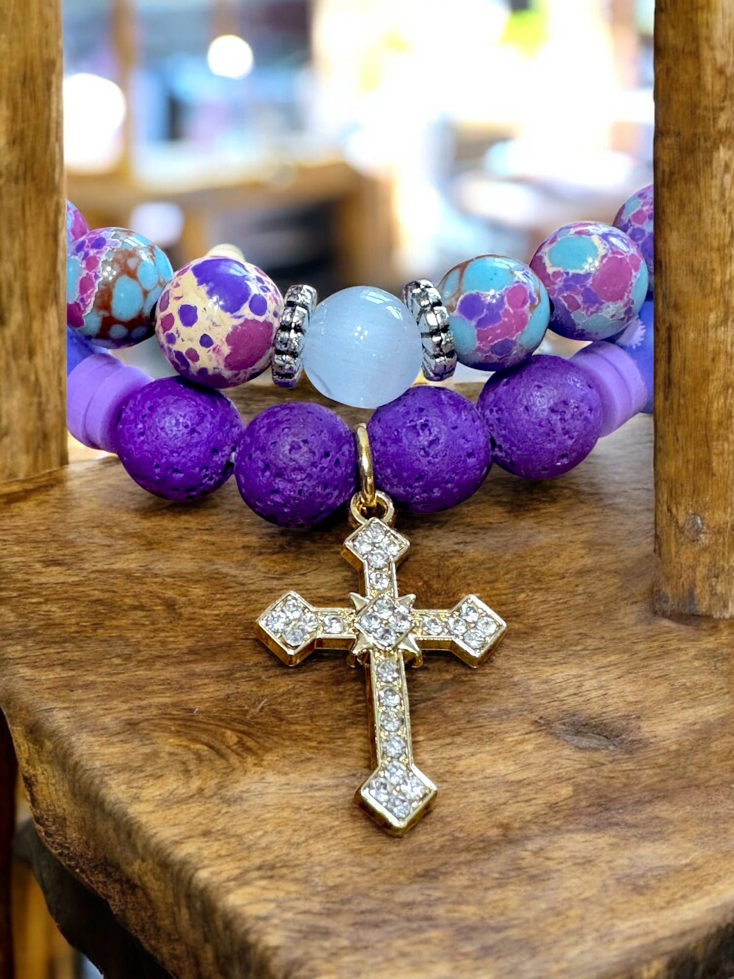 Faith Collection Lava Beaded Diffuser Bracelet Set Purples 6.5” -7.5”