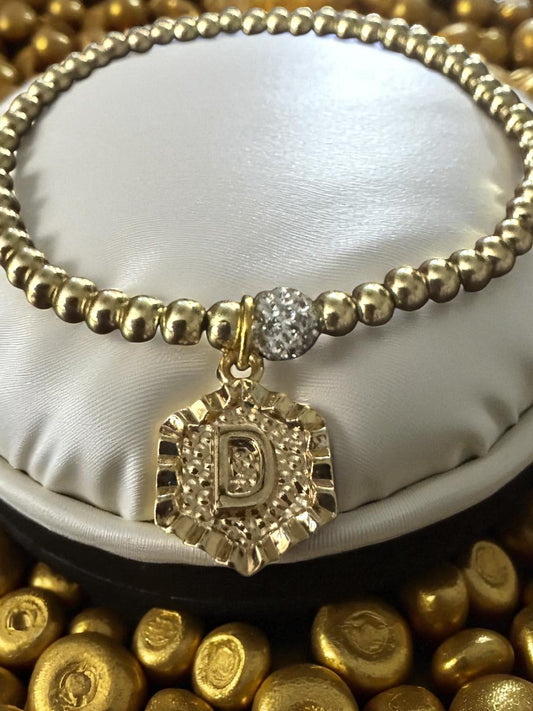 Simple Elegance 14 K Gold Beaded Ball Bracelet 18 K Gold Plated Initial Charm Bracelet
