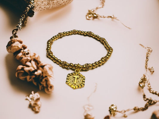 Simple Elegance 14 K Gold Plated Personalized Beaded Ball Bracelet 18 K Gold Plated Initial Charm Bracelet