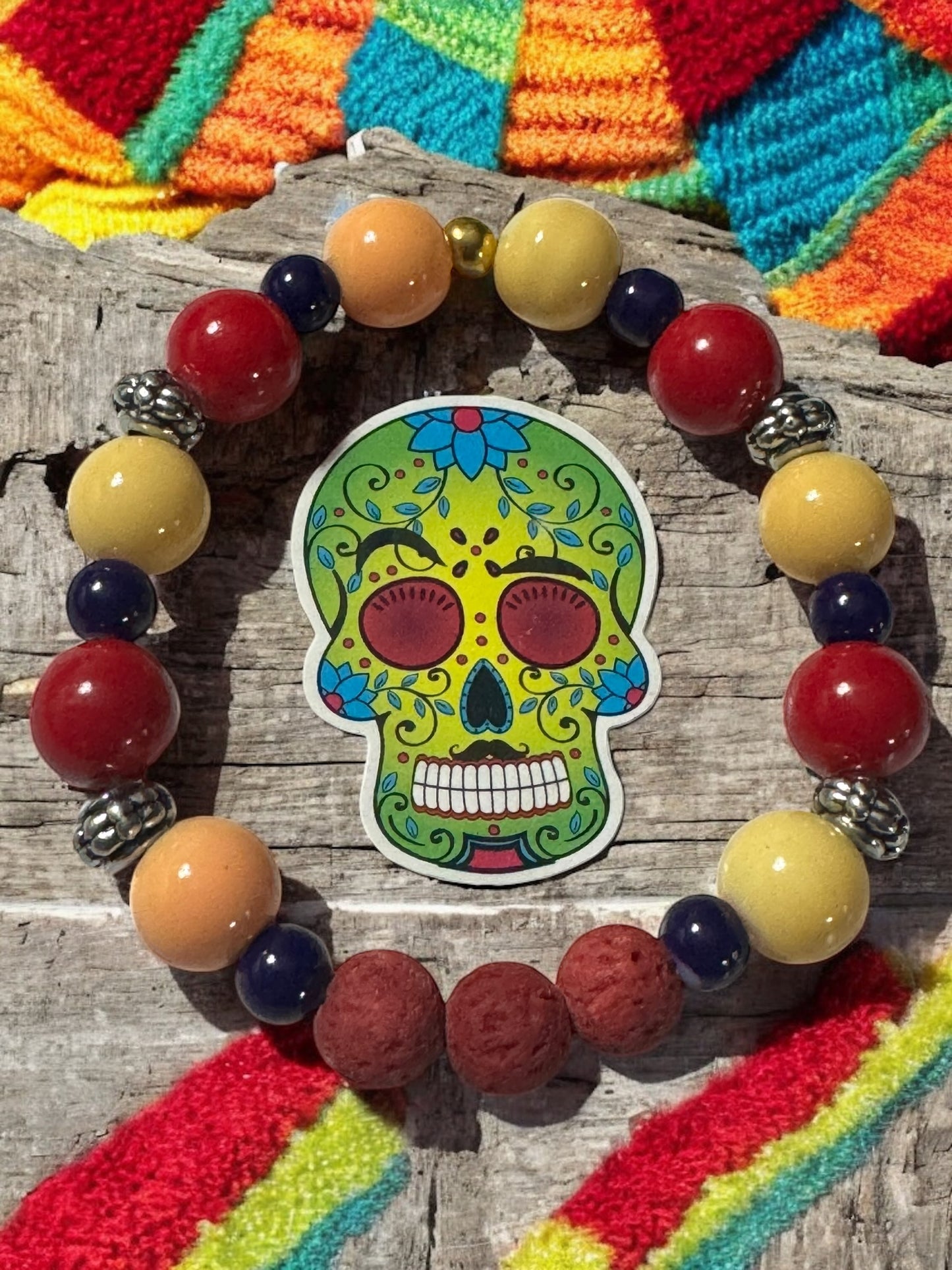 Day of the Dead Sugar Skull Bracelet - Colorful Gemstone Beaded Bracelet with Lava Stone