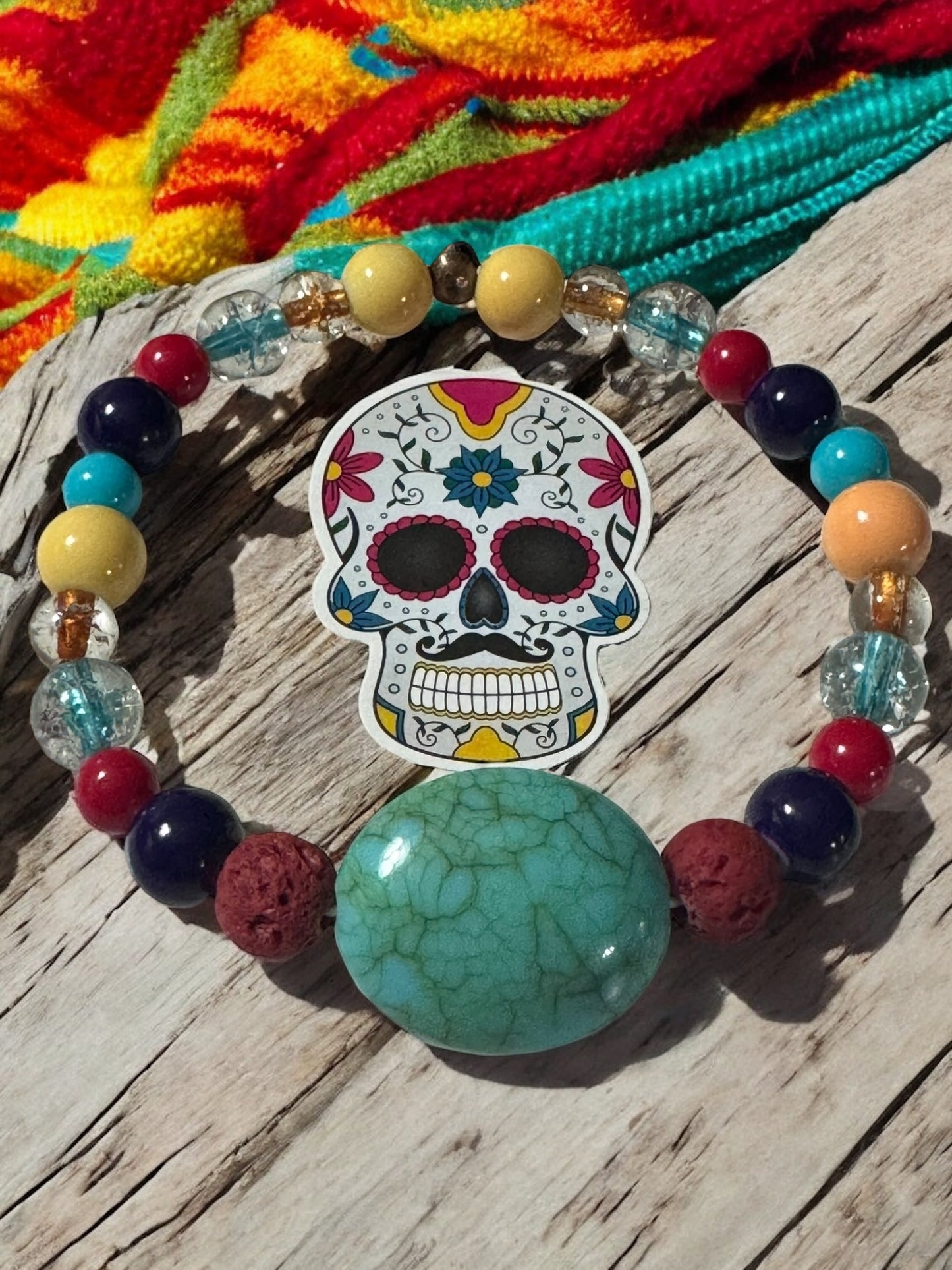Day of the Dead Sugar Skull Bracelet - Colorful Gemstone Beaded Bracelet with Turquoise