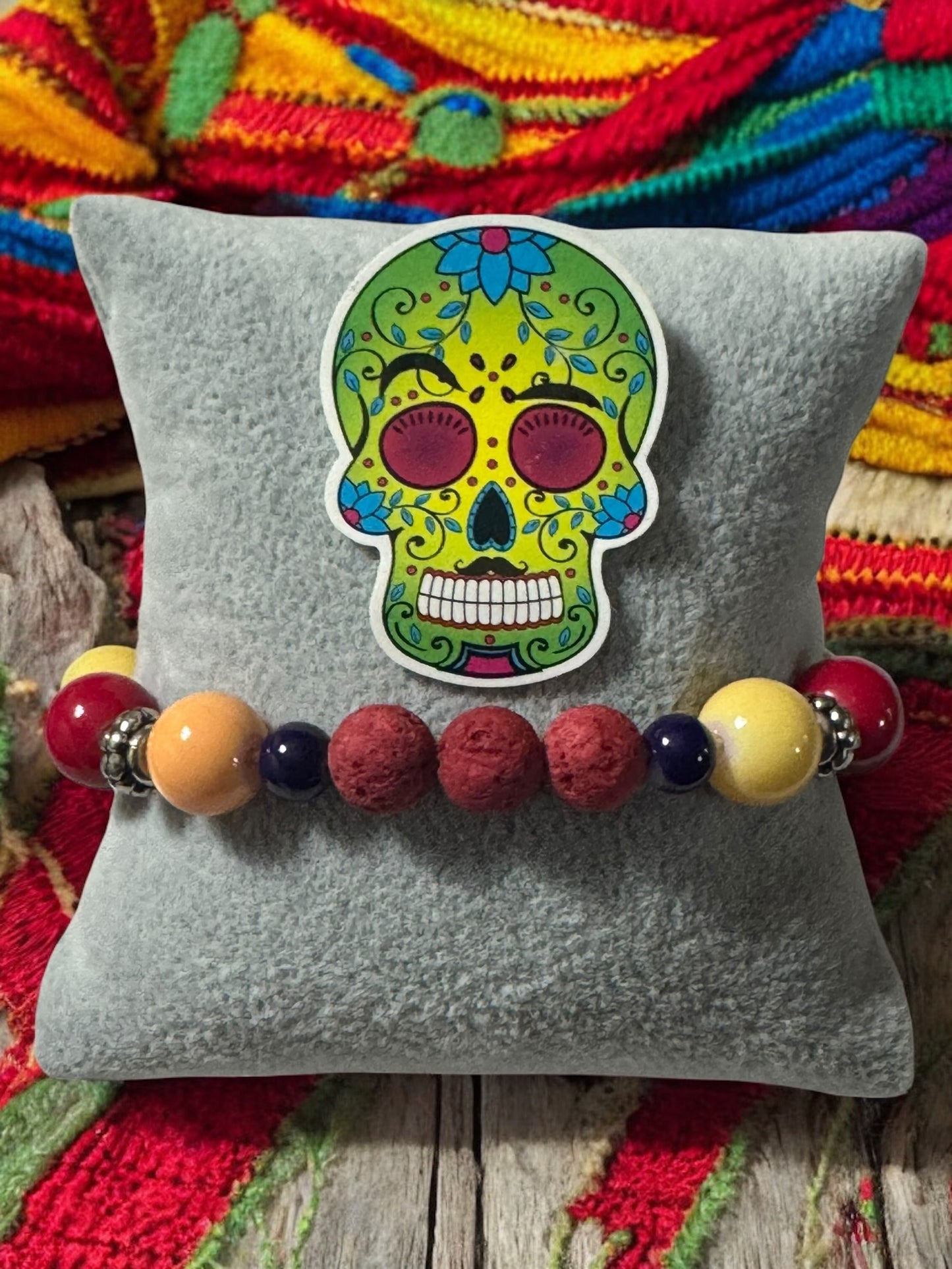 Day of the Dead Sugar Skull Bracelet - Colorful Gemstone Beaded Bracelet with Lava Stone