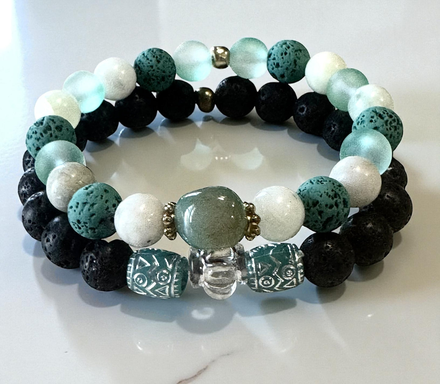 Handmade Lava Bead Bracelet - Light Teal & Black Iridescent Stretch Bracelet