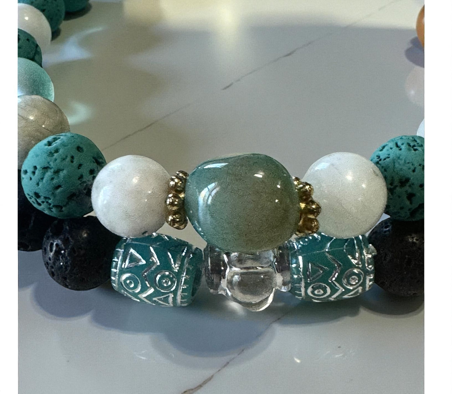 Handmade Lava Bead Bracelet - Light Teal & Black Iridescent Stretch Bracelet