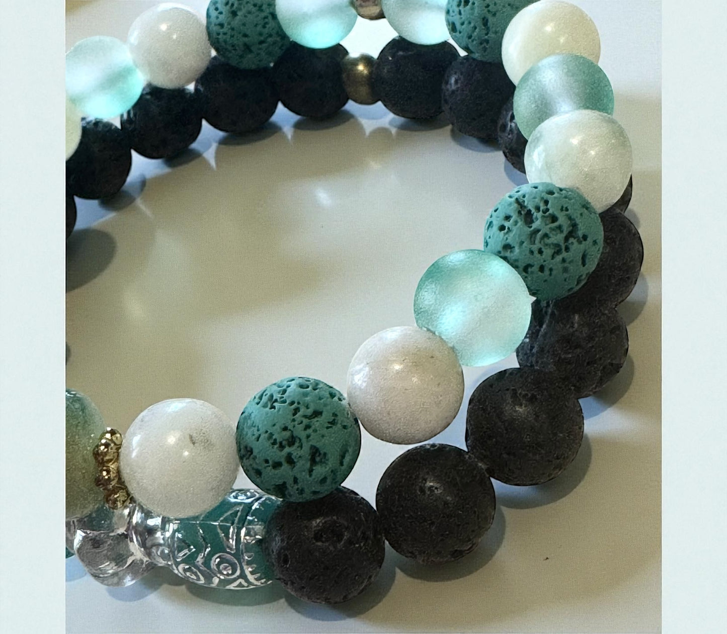 Handmade Lava Bead Bracelet - Light Teal & Black Iridescent Stretch Bracelet