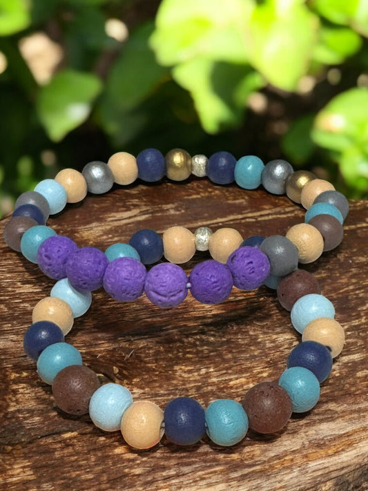 Lava Beaded and Wood Bracelet Set - Purple Aromatherapy Diffuser Bracelets