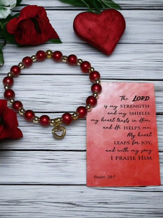 Red Heart 14K Charm Bracelet - Christian Faith Jewelry with Psalm 28:7