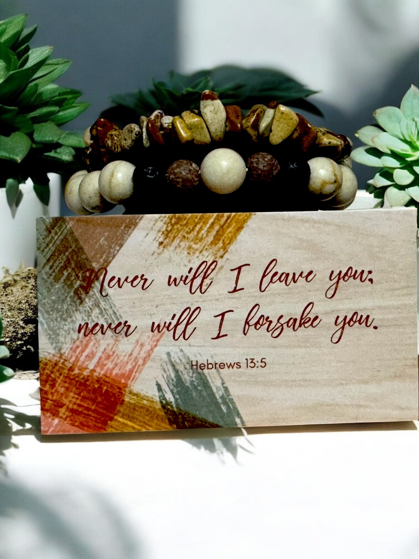 Natural Stone & Lava Bead Bracelet Set - Faith Jewelry with Hebrews 13:5 Scripture Card