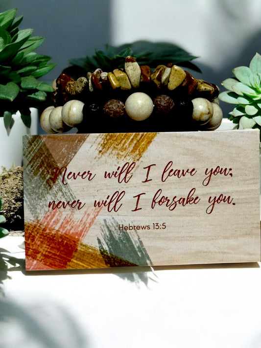 Natural Stone & Lava Bead Bracelet Set - Faith Jewelry with Hebrews 13:5 Scripture Card