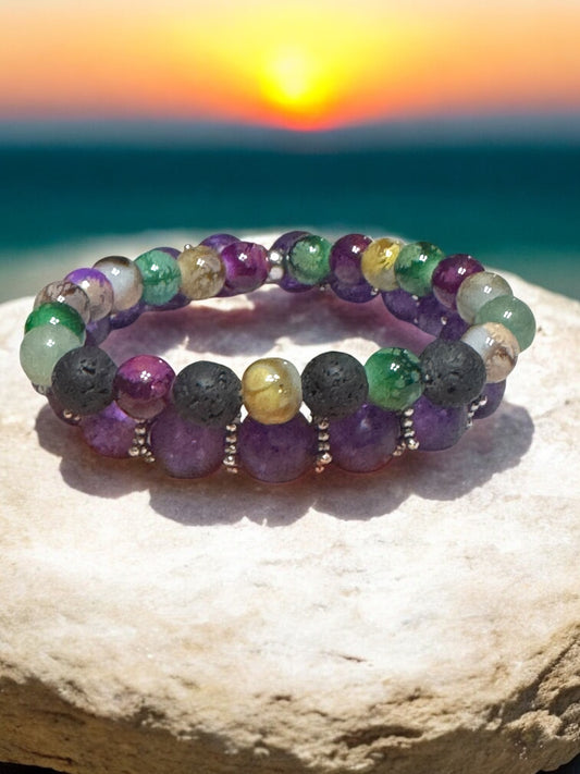 Fluorite & Amethyst Lava Bead Bracelet Set - Natural Gemstone Aromatherapy Bracelets