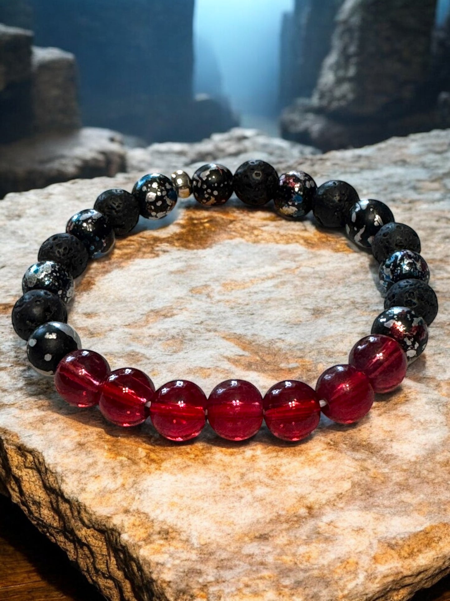 Black and Red Gemstone Beaded Bracelet - Handcrafted Natural Stone Jewelry