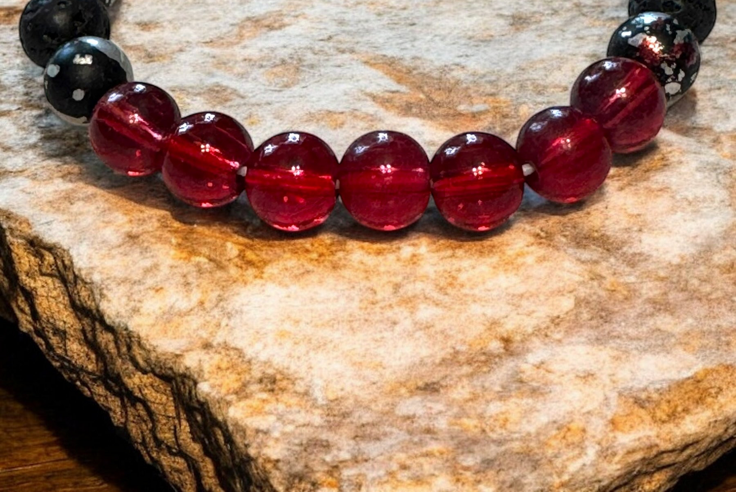 Black and Red Gemstone Beaded Bracelet - Handcrafted Natural Stone Jewelry