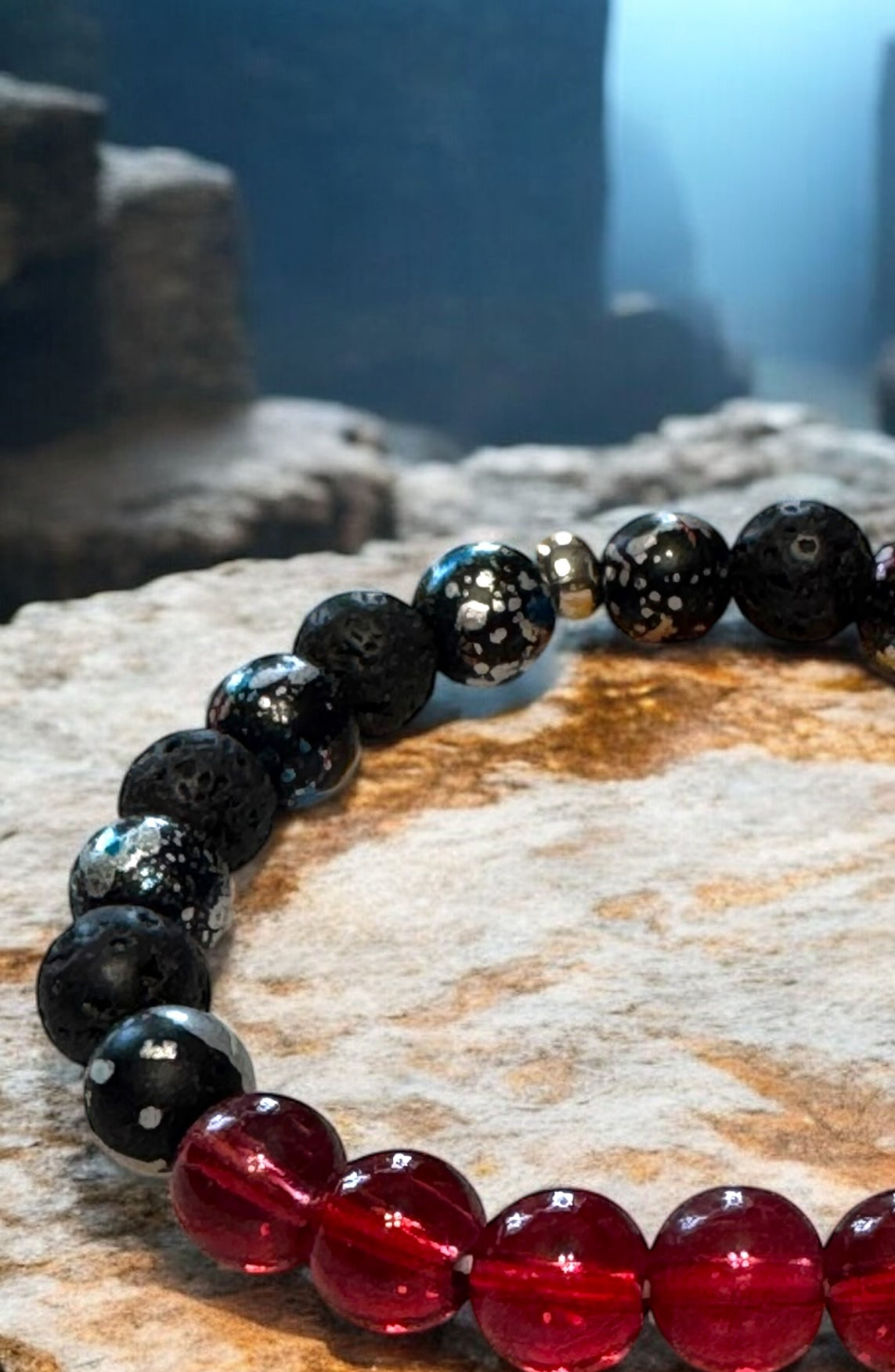 Black and Red Gemstone Beaded Bracelet - Handcrafted Natural Stone Jewelry