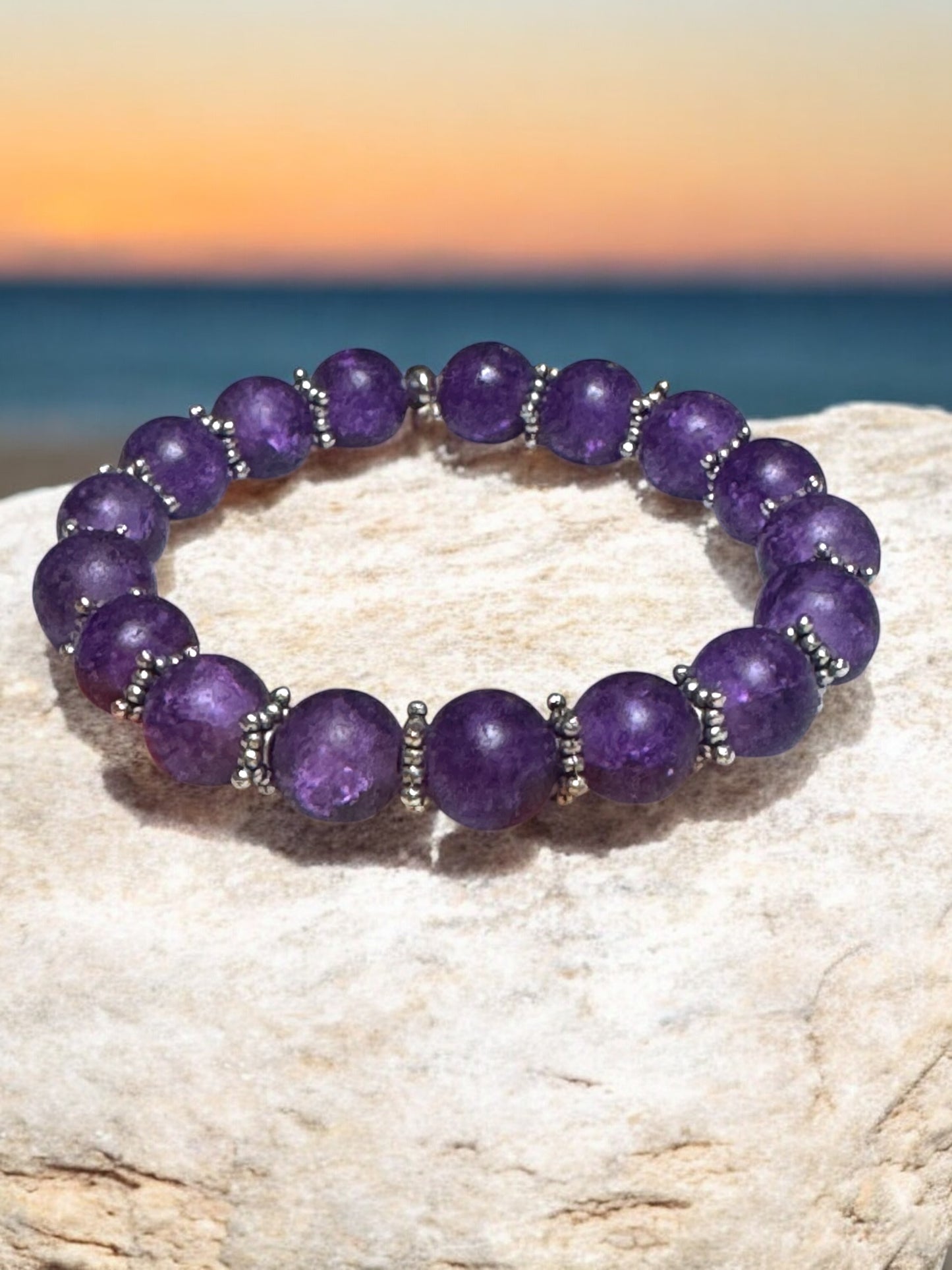 Fluorite & Amethyst Lava Bead Bracelet Set - Natural Gemstone Aromatherapy Bracelets