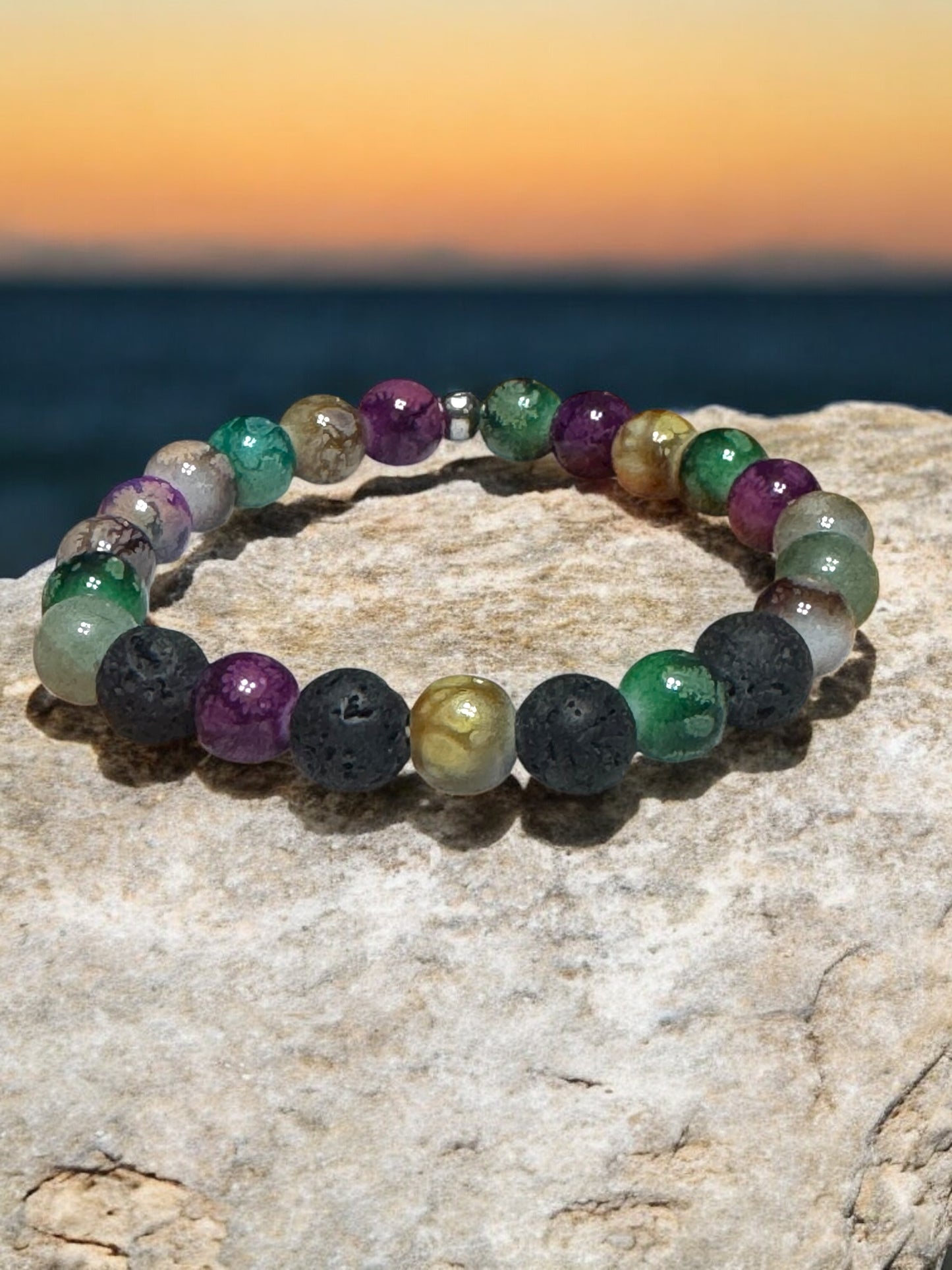 Fluorite & Amethyst Lava Bead Bracelet Set - Natural Gemstone Aromatherapy Bracelets