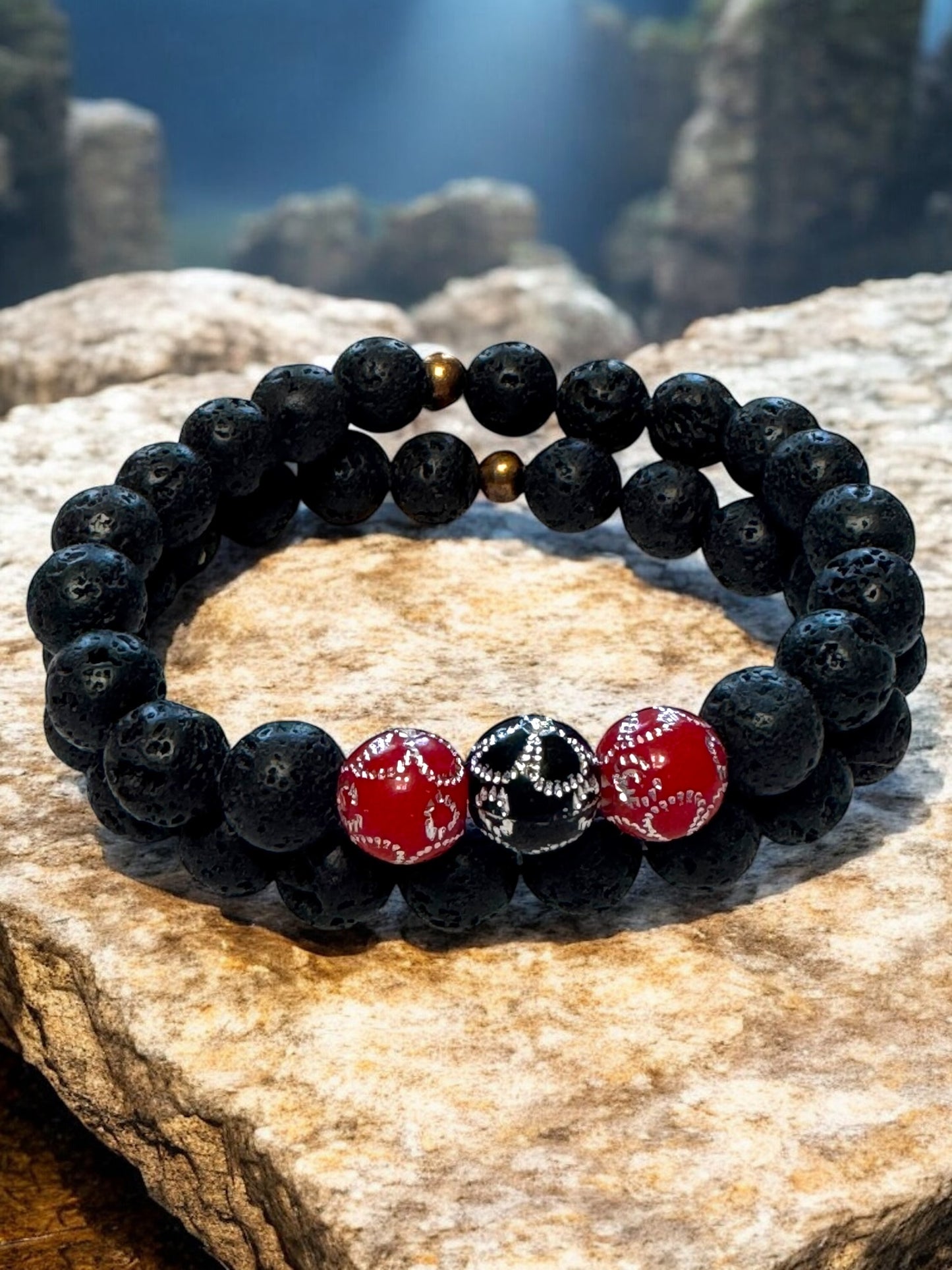 Black Lava Stone Aromatherapy Bracelet with Red Accents