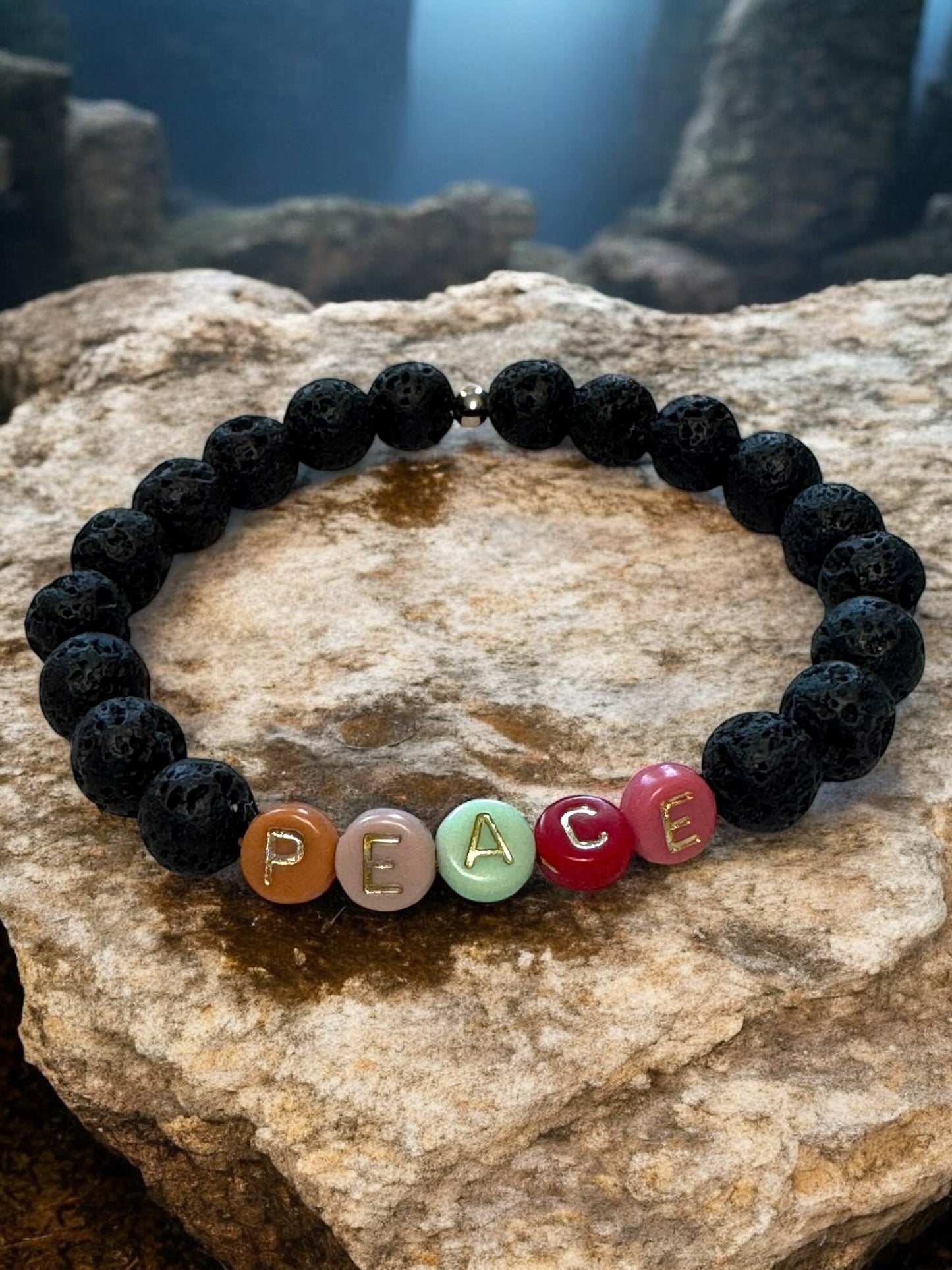 Peace Lava Bead Bracelet Set - Black & Multicolor