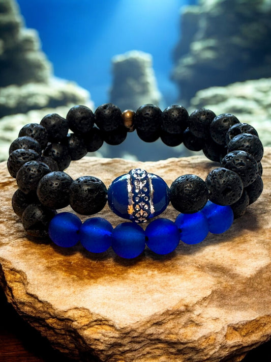 Black Lava Beaded Bracelet Set Vibrant Blue Gemstones